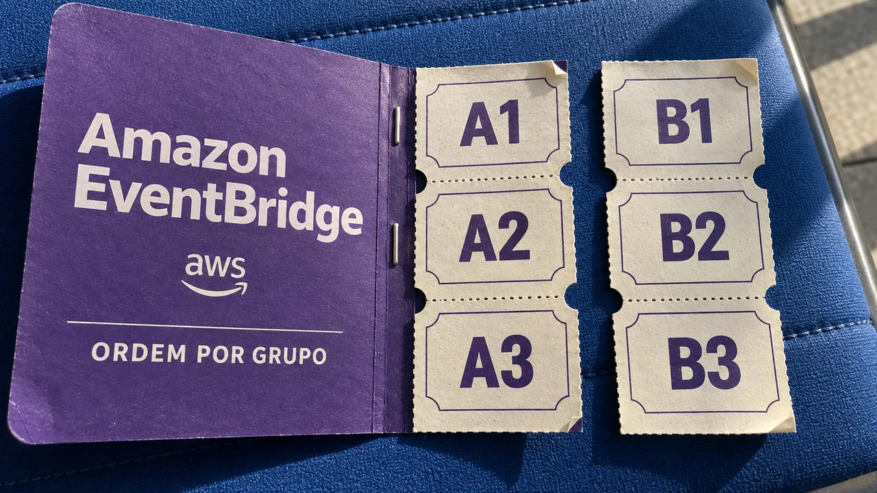 Livreto do Amazon EventBridge com bilhetes numerados em dois grupos, ilustrando a ordenação de eventos por grupo.