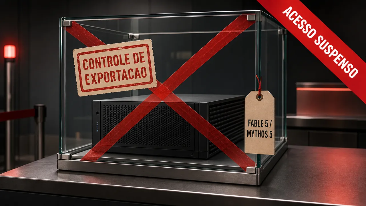 Vitrine de vidro lacrada com fita vermelha em X sobre um servidor de IA, com selo "CONTROLE DE EXPORTAÇÃO", etiqueta "FABLE 5 / MYTHOS 5" e uma faixa "ACESSO SUSPENSO", num balcão de alfândega.