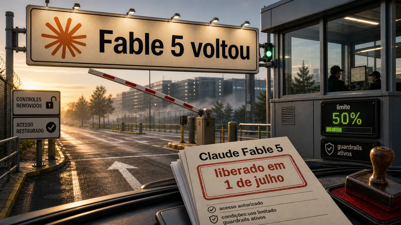 Posto de controle futurista com a placa "Fable 5 voltou", cancela aberta, documento "Claude Fable 5" liberado em 1 de julho e painel de limite de 50%.