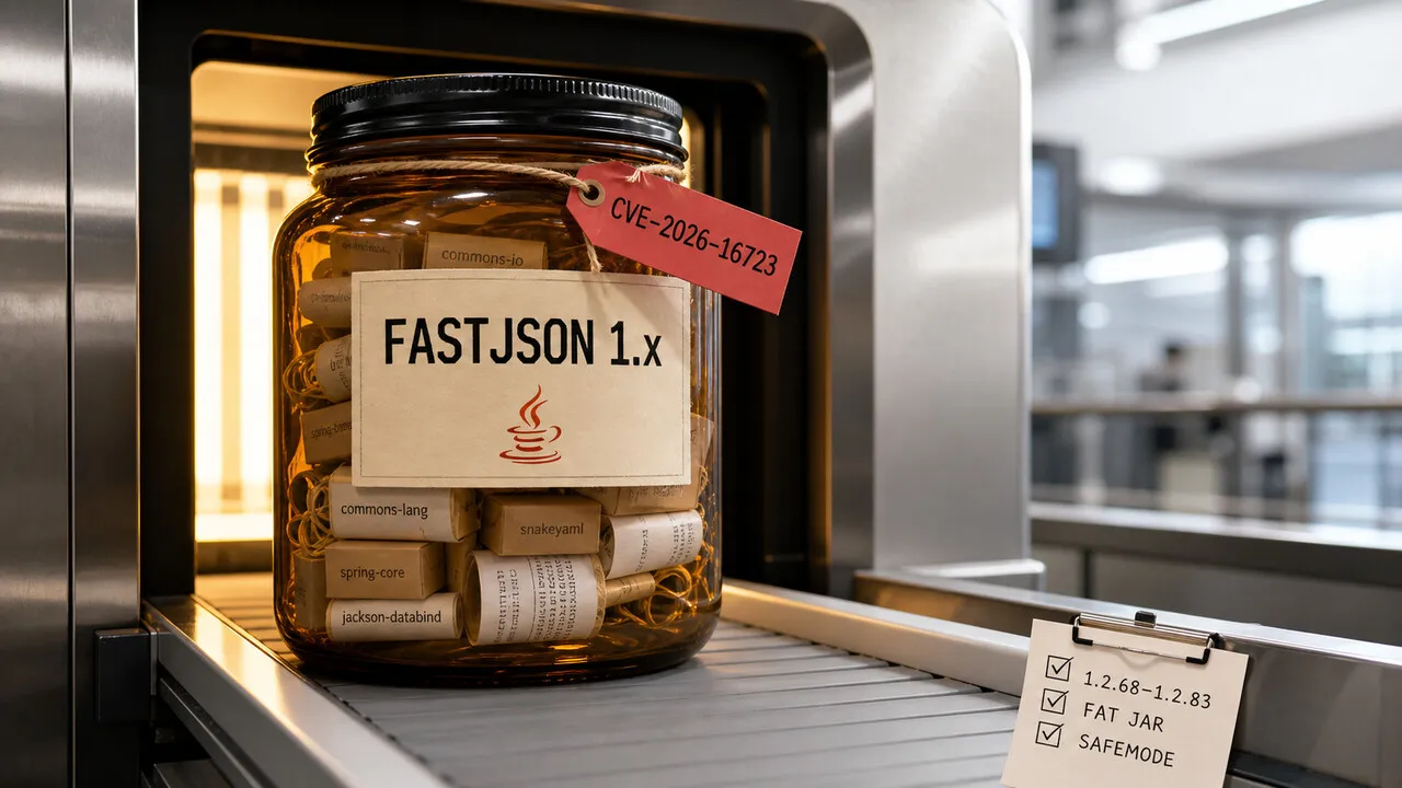 Jarra FASTJSON 1.x cheia de dependências passa por inspeção com etiqueta da CVE-2026-16723.