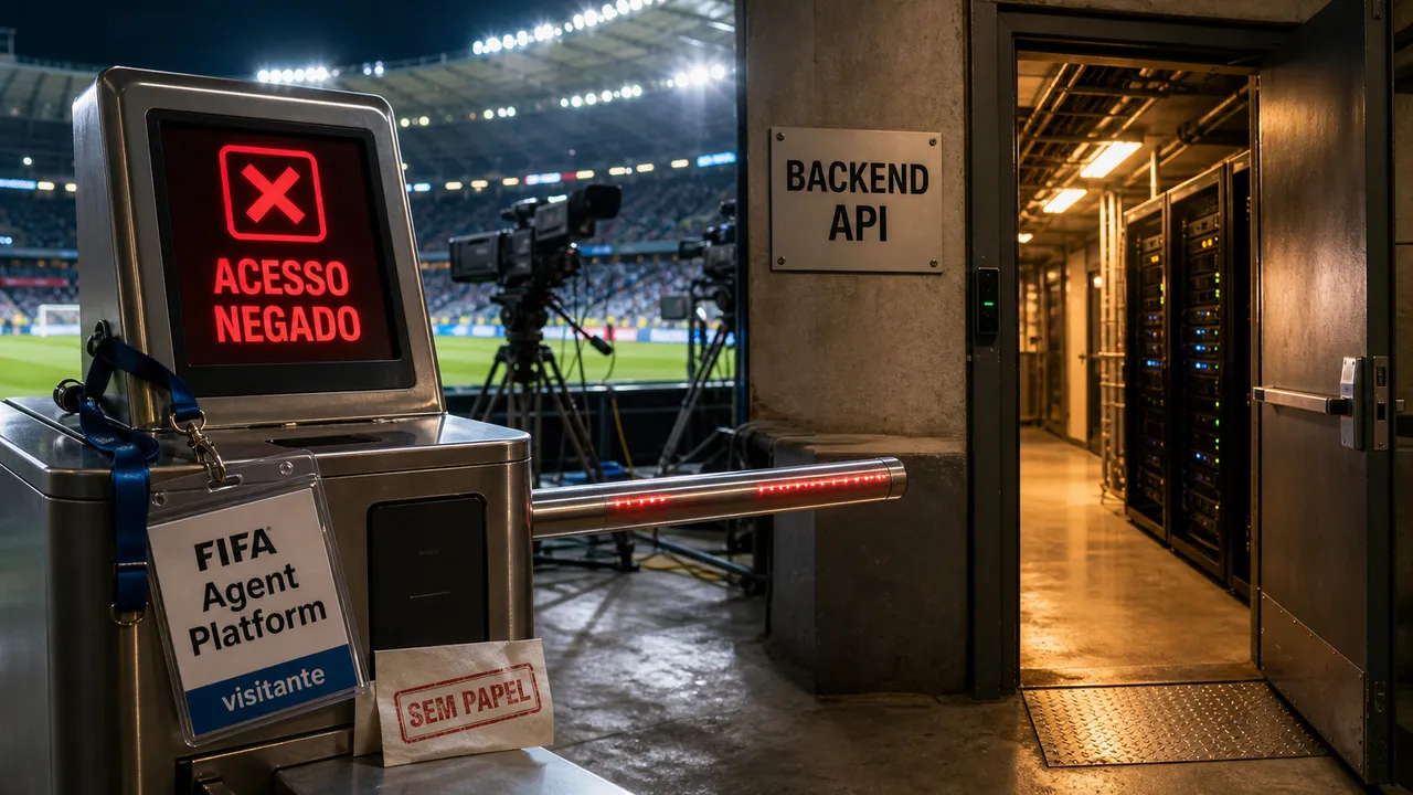 Catraca de estádio com aviso "ACESSO NEGADO" enquanto uma porta ao lado, marcada "BACKEND API", fica aberta para uma sala de servidores.