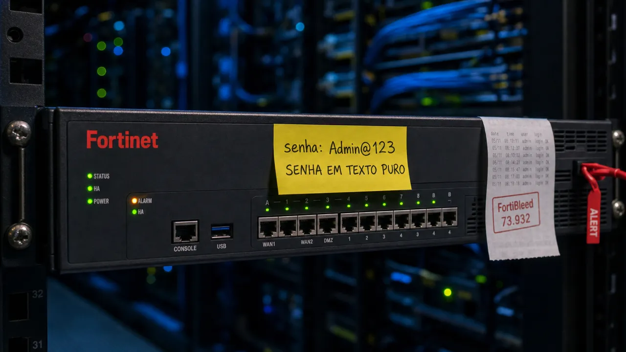 Close-up de um firewall Fortinet FortiGate em um rack de servidores, com um bilhete amarelo colado mostrando a senha de VPN em texto puro e o número 73.932.