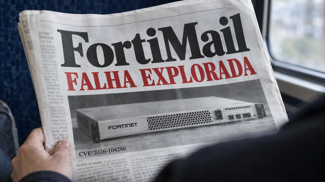 Jornal ilustrativo nas mãos de um passageiro destaca a falha explorada no FortiMail.