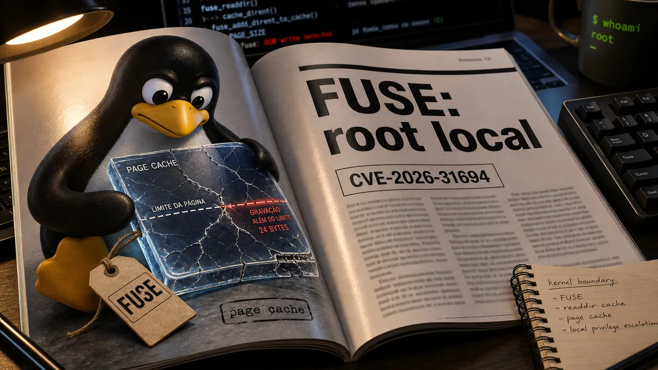 Revista aberta sobre uma mesa mostrando o Tux do Linux segurando uma placa de page cache quebrada, com a chamada FUSE: root local e o identificador CVE-2026-31694.