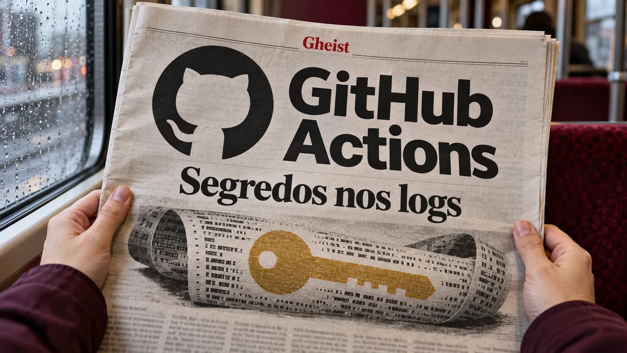 Jornal nas mãos de um passageiro mostra o GitHub Actions e uma chave sobre logs, ilustrando o roubo de segredos pela campanha Gheist.