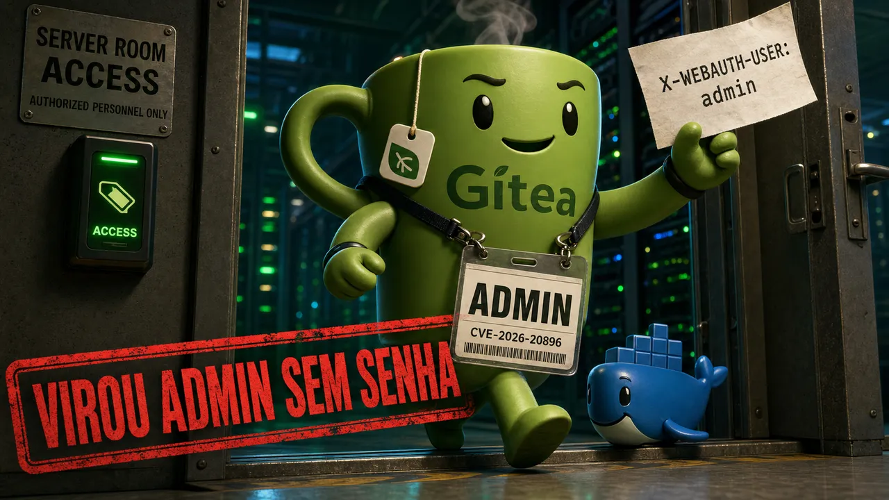 Ilustração editorial: o mascote do Gitea, uma caneca de chá verde com um crachá de ADMIN falso escrito CVE-2026-20896, entra por uma porta de sala de servidores segurando um cabeçalho X-WEBAUTH-USER: admin forjado, com a baleia do Docker ao lado e um carimbo vermelho "Virou admin sem senha".