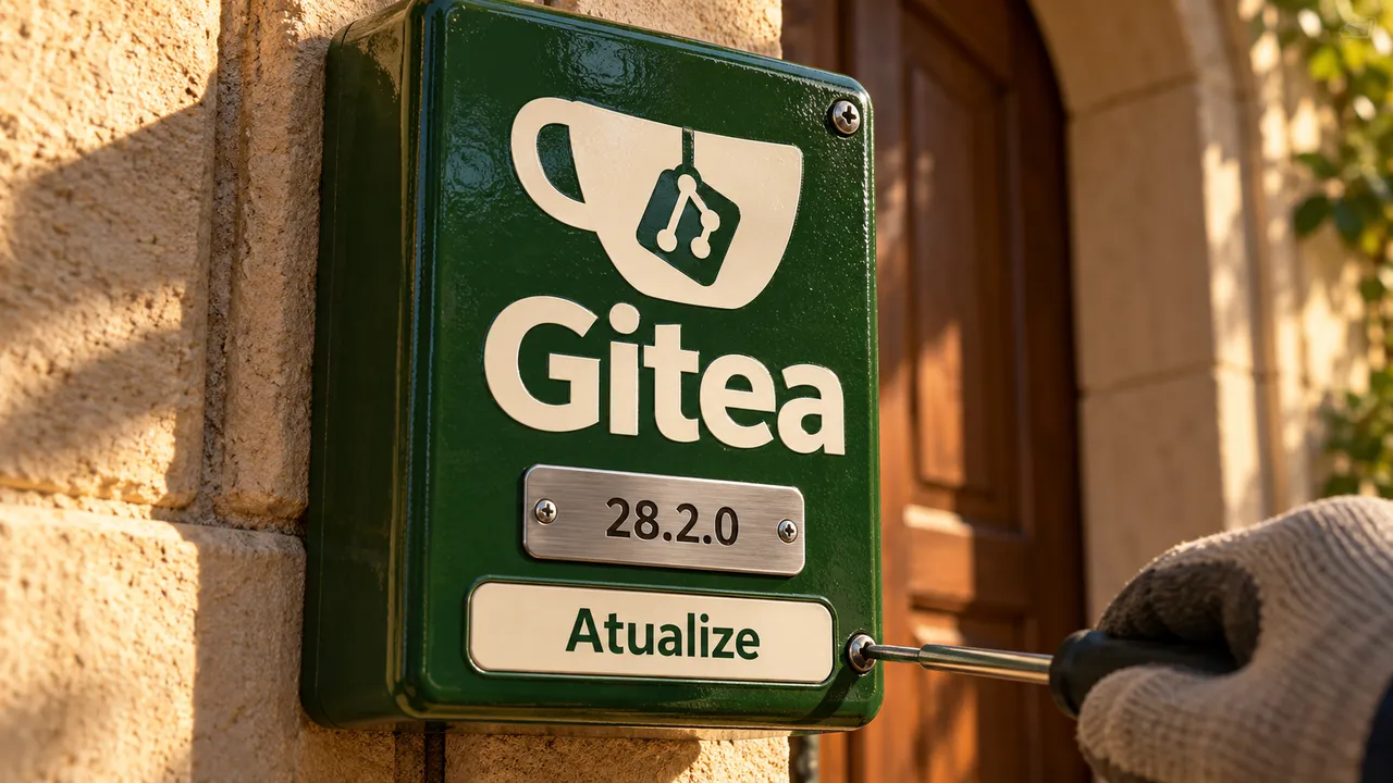 Painel verde do Gitea em manutenção, com a versão 28.2.0 e a orientação para atualizar.