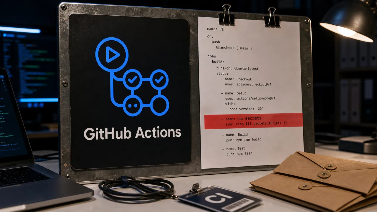 Placa do GitHub Actions ao lado de um workflow YAML com a linha secrets destacada em vermelho, em uma mesa de revisão de incidente de CI.