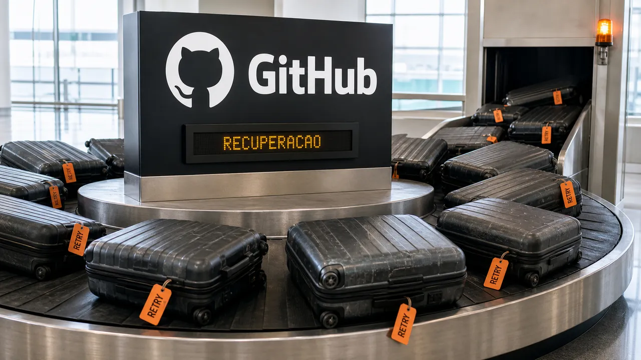 Esteira de bagagens lotada de malas com etiquetas RETRY ao redor de um painel do GitHub em recuperação.
