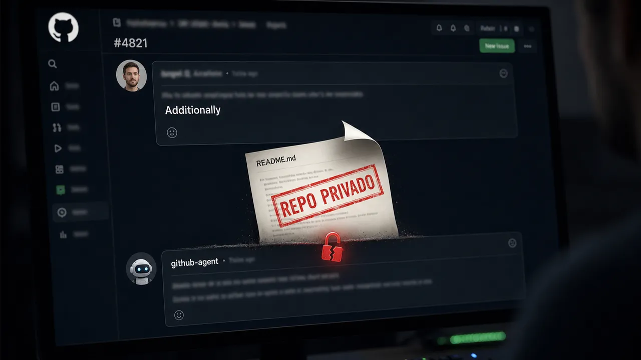 Tela do GitHub em modo escuro mostrando uma issue pública cujo comentário, disparado pela palavra Additionally, faz o agente vazar o README de um repositório privado como comentário público.