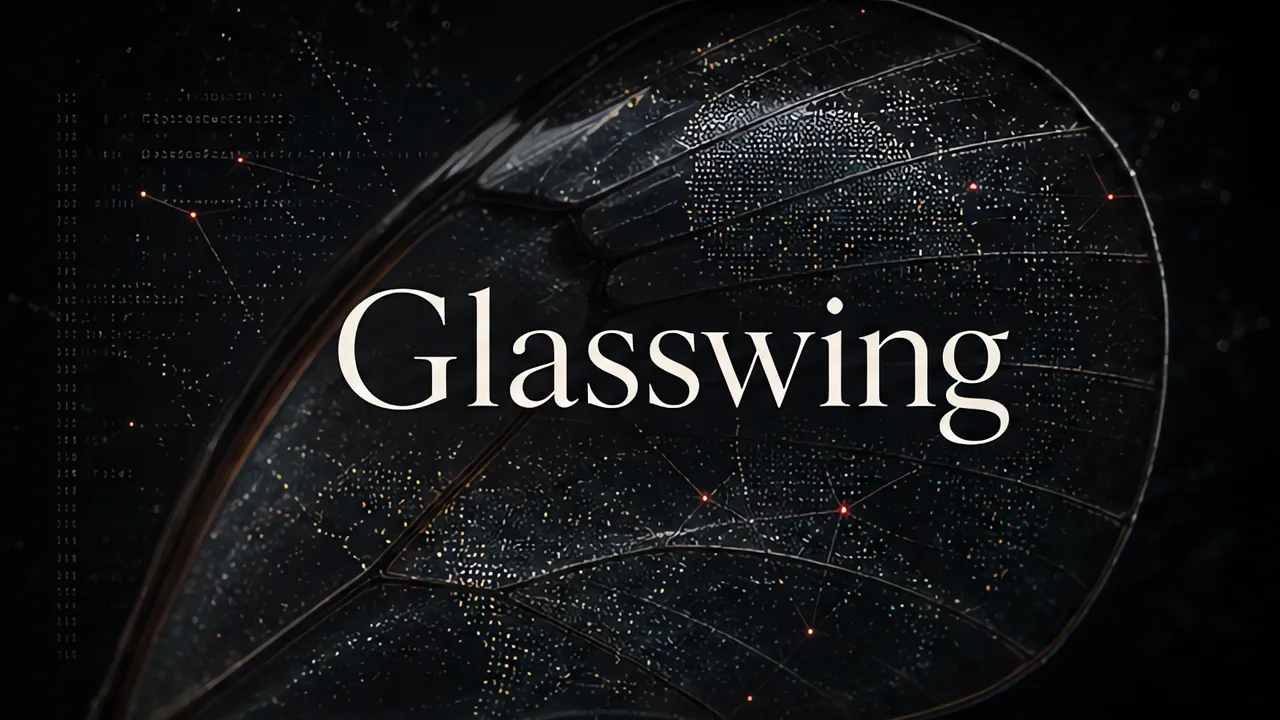Asa translúcida em fundo escuro com textura de código e a palavra Glasswing no centro.