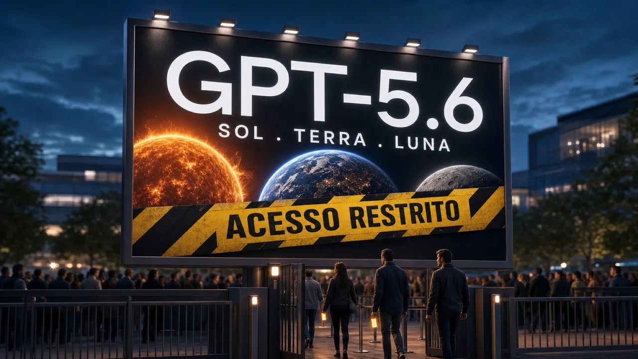 Placa de lançamento do GPT-5.6 com os nomes Sol, Terra e Luna, parcialmente coberta por uma fita de área restrita enquanto poucas pessoas com crachá entram e a fila do lado de fora espera.