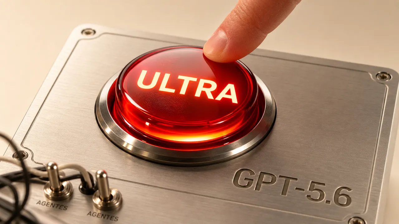 Botão físico gigante e brilhante com a palavra ULTRA num painel de controle da marca GPT-5.6, cercado por pequenos interruptores rotulados AGENTES, representando o modo que coordena vários agentes sozinho.