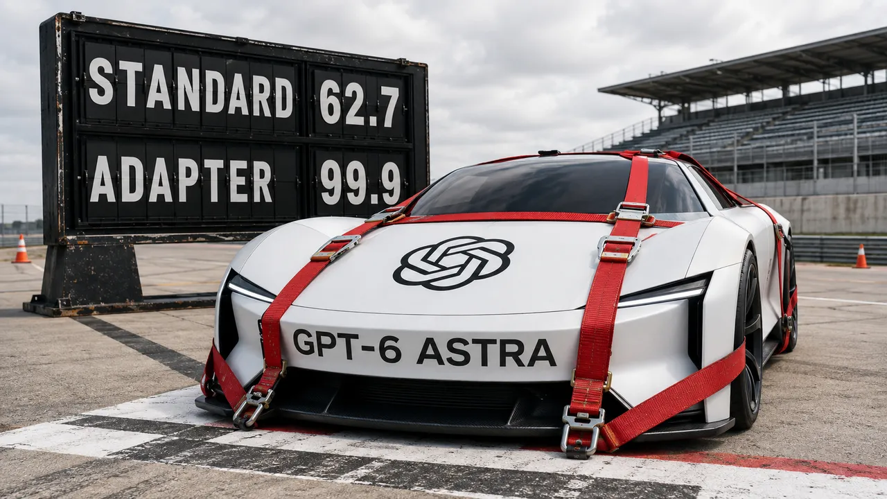 Carro de teste GPT-6 Astra preso por cintas diante de placar com resultados 62,7 e 99,9.