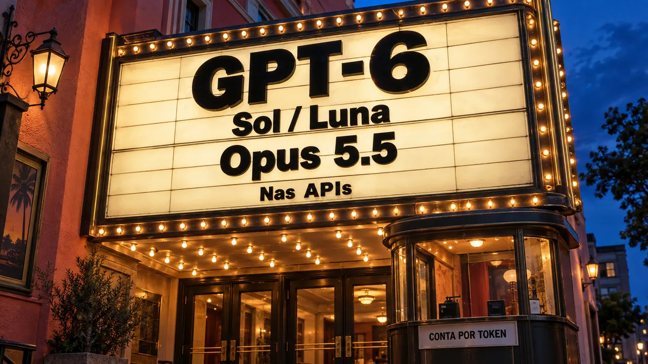Letreiro de cinema anuncia GPT-6 Sol/Luna e Opus 5.5 nas APIs, com bilheteria ilustrando a cobrança por token.
