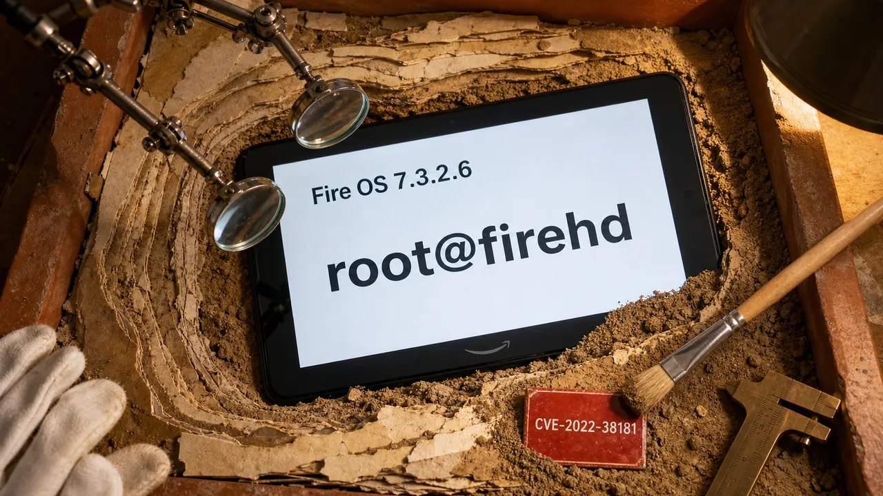 Fire HD desenterrado em uma bancada arqueológica, com root na tela e a CVE ao lado.