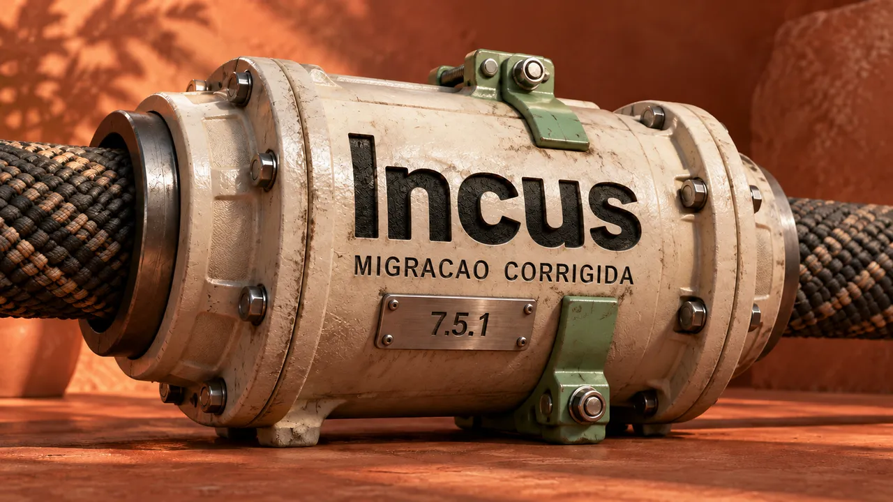 Conector com o nome Incus e a versão 7.5.1, reforçado por braçadeiras, simboliza a correção de falhas na migração.