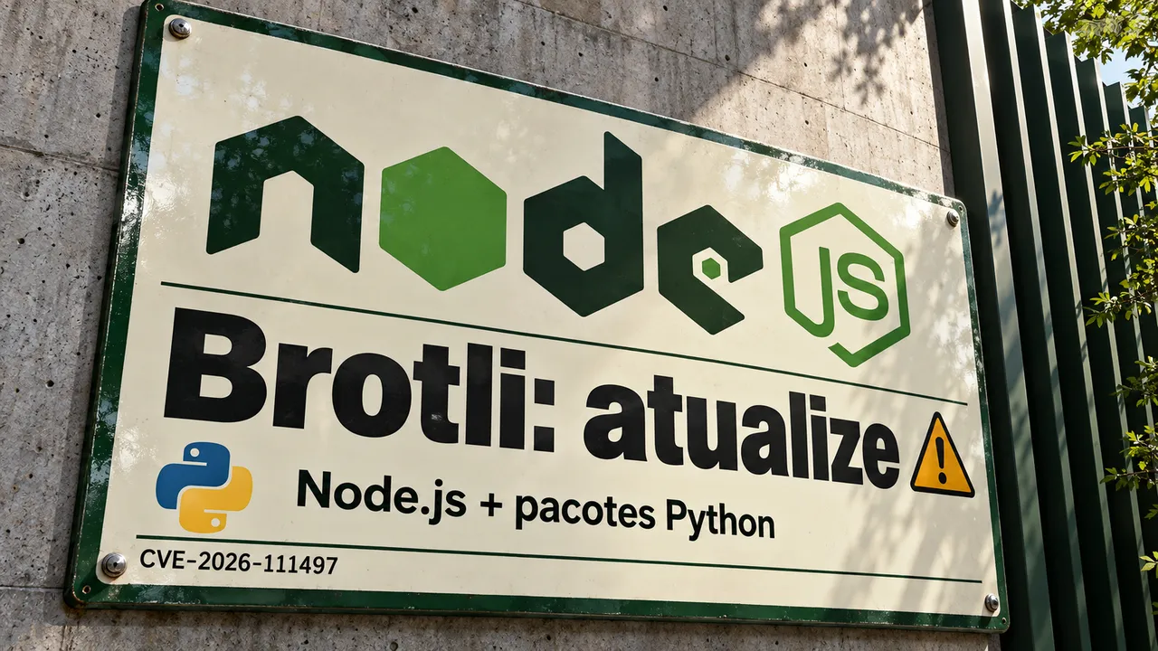 Placa com os símbolos do Node.js e Python alerta para atualização contra a falha no Brotli.