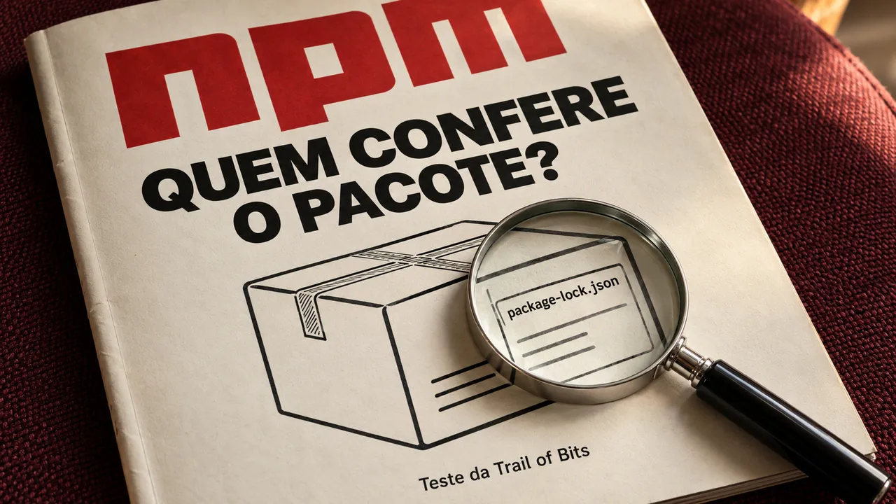 Revista com a marca npm e uma lupa sobre um pacote ilustram a verificação de integridade das dependências.