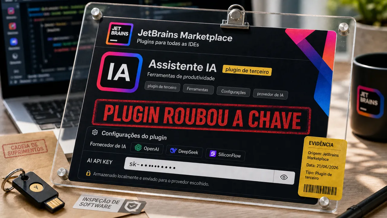 Cartão físico do JetBrains Marketplace com plugin de terceiro Assistente IA, campo de chave de API redigido e carimbo vermelho dizendo "PLUGIN ROUBOU A CHAVE".