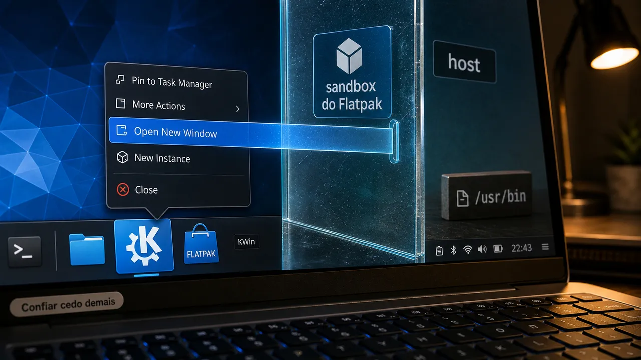 Tela de laptop com menu do KDE Plasma destacando Open New Window atravessando uma divisória marcada como sandbox do Flatpak até o lado host.