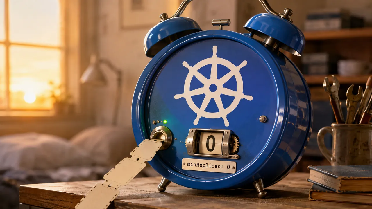 Relógio azul com o logo do Kubernetes marca zero réplicas enquanto uma fila de tarefas aciona o despertar.