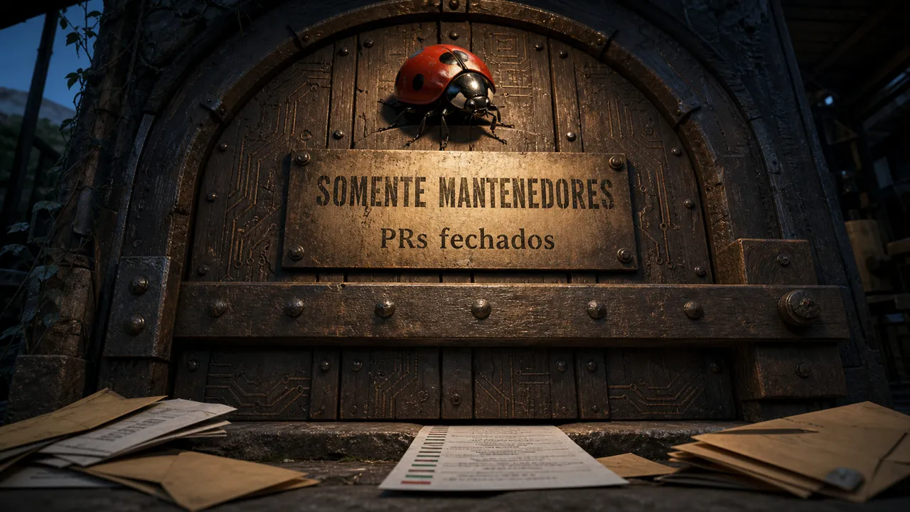 Joaninha vermelha sobre uma porta de oficina selada, com placa de metal escrita "SOMENTE MANTENEDORES" e "PRs fechados"; envelopes de pull requests abandonados na soleira.