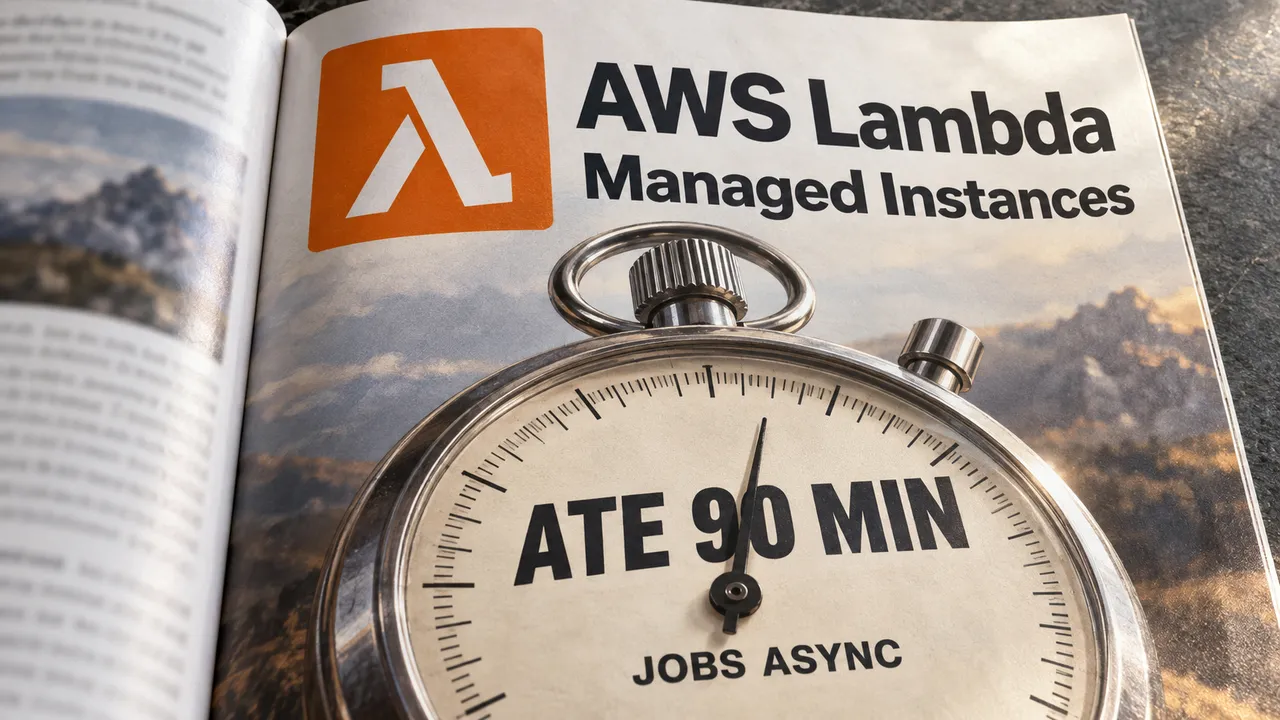 Revista aberta com a marca AWS Lambda e um cronômetro ilustrando o limite de 90 minutos para jobs assíncronos em Managed Instances.