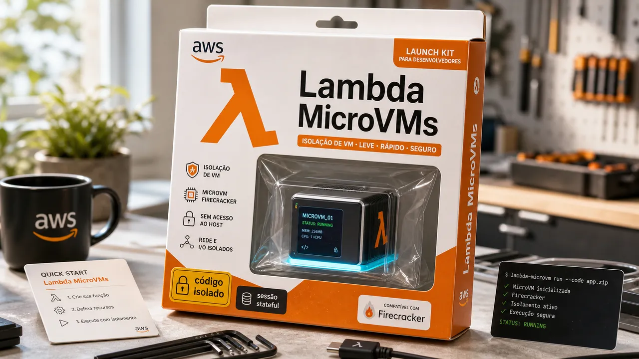 Caixa editorial fictícia do AWS Lambda MicroVMs com um MicroVM isolado em uma janela transparente e o selo código isolado.