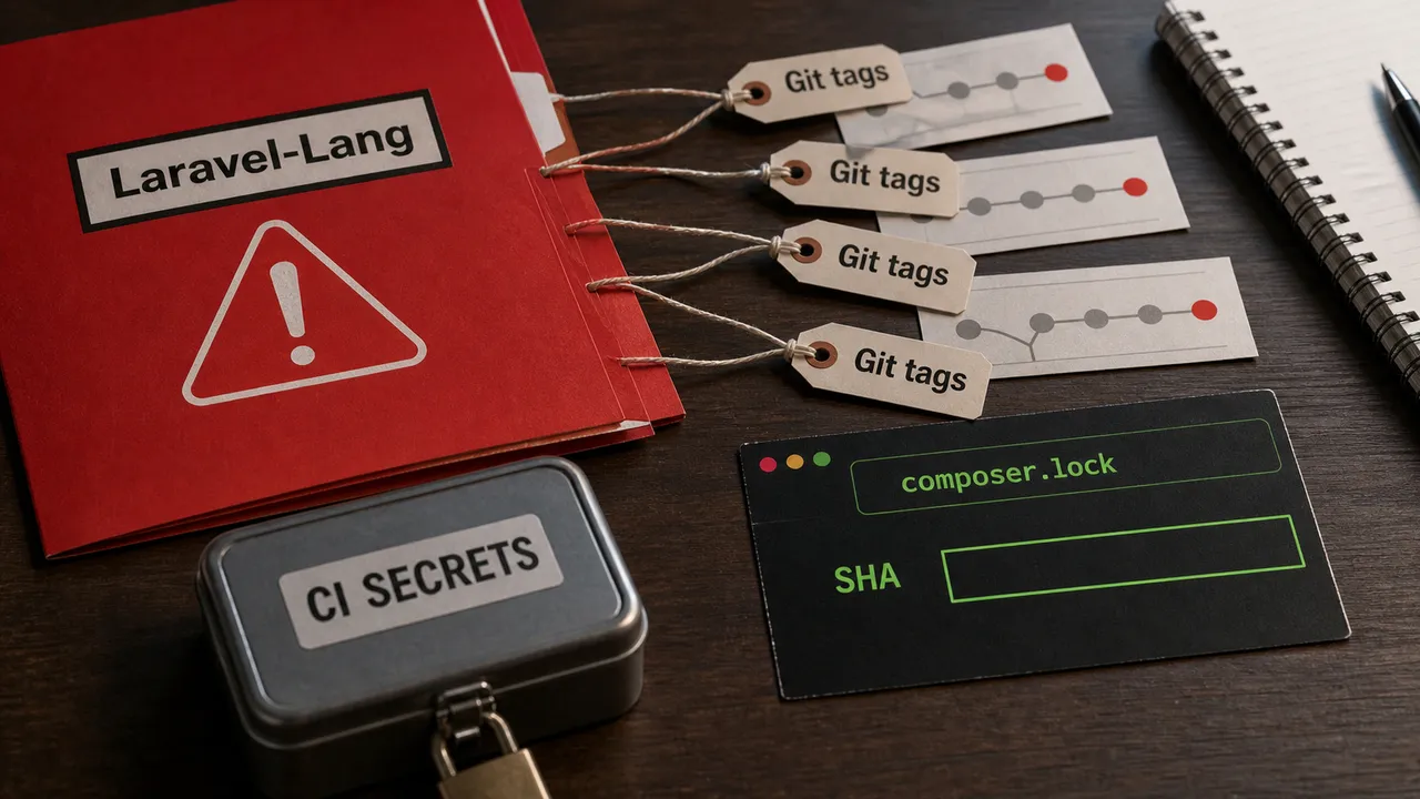 Pasta vermelha do Laravel-Lang ligada a etiquetas de Git tags, com um cartão composer.lock e uma caixa CI SECRETS em uma mesa de revisão de incidente.