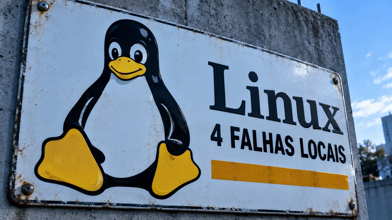 Tux em placa metálica com aviso sobre quatro falhas locais no Linux.