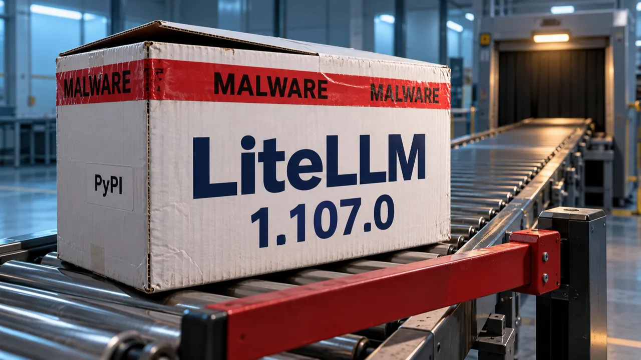 Caixa do LiteLLM 1.107.0 com faixa de malware, retida numa esteira de inspeção.