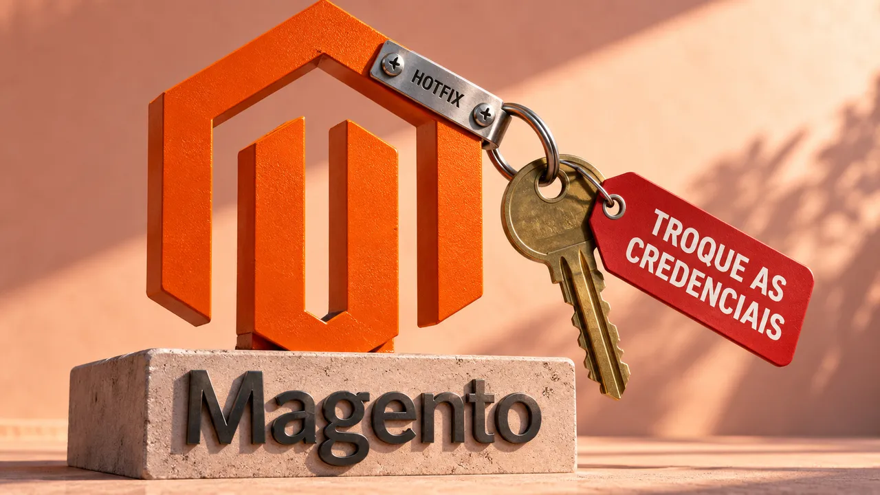 Logo do Magento com reparo marcado HOTFIX e chave com aviso para trocar credenciais.