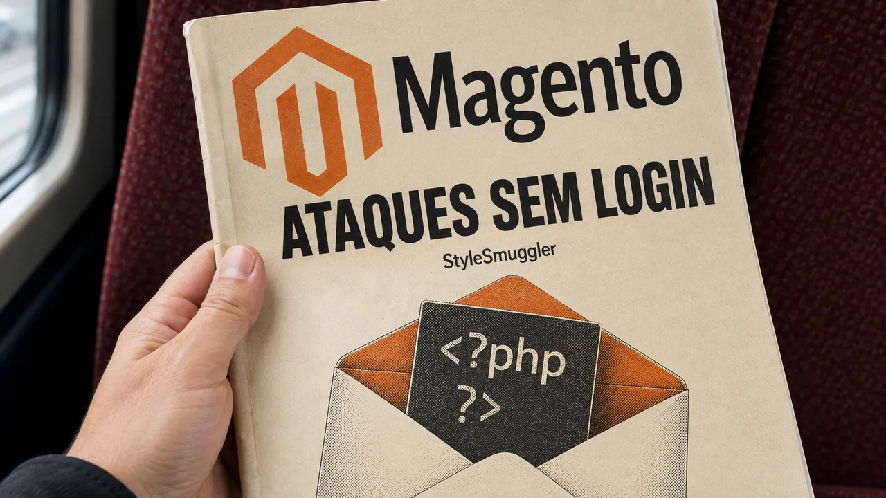 Revista com a marca Magento, alerta de ataques sem login e ilustração de envelope com código PHP.