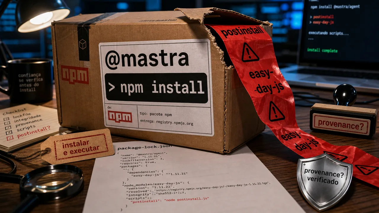 Caixa de pacote @mastra aberta sobre uma mesa de incidentes, com etiqueta npm install e fita vermelha postinstall easy-day-js saindo do pacote.