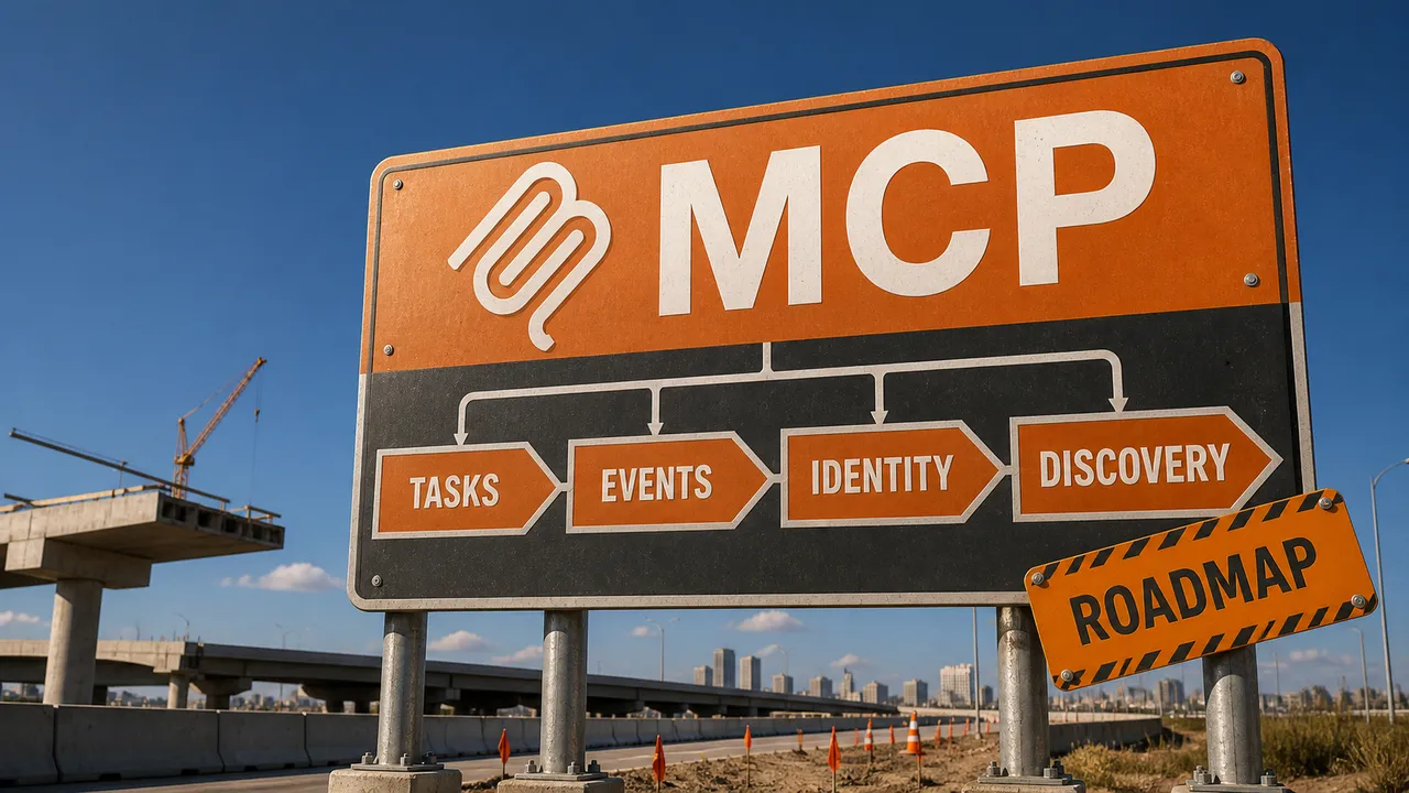 Placa do MCP aponta tarefas, eventos, identidade e descoberta em um viaduto em construção.