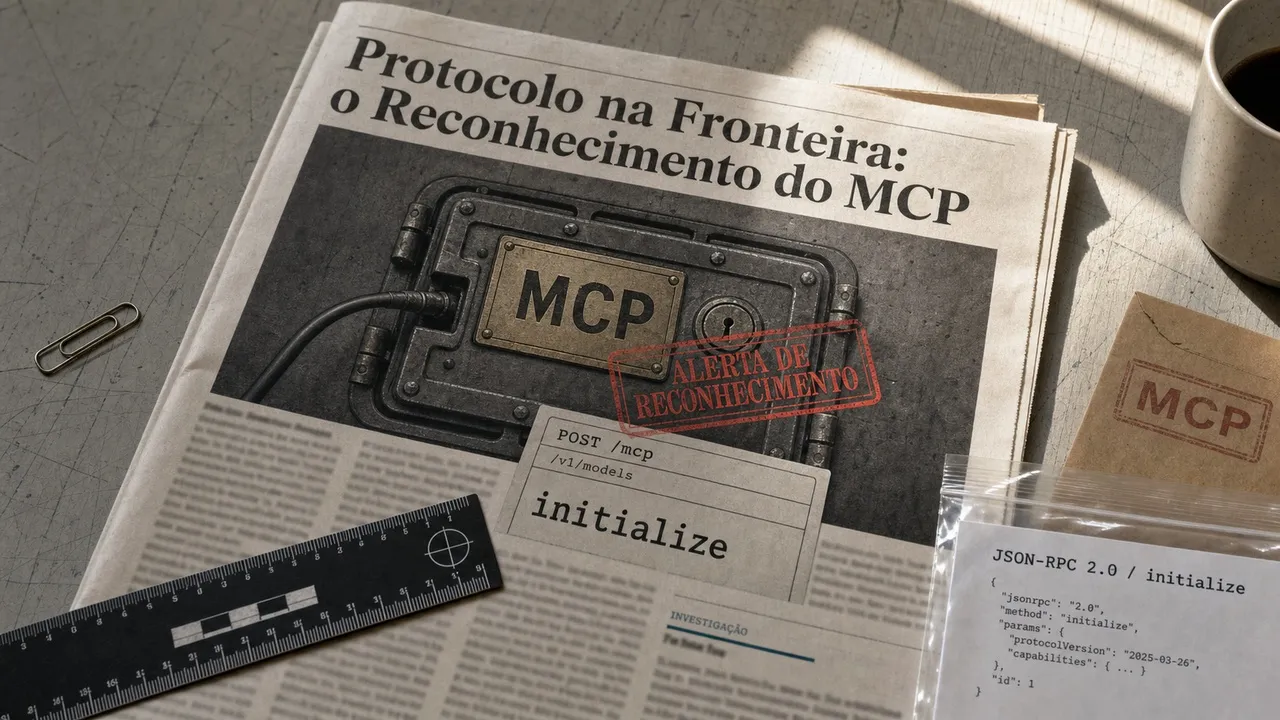 Capa editorial com um painel físico MCP em inspeção, exibindo POST /mcp e uma requisição initialize, enquanto um selo alerta para reconhecimento do endpoint.
