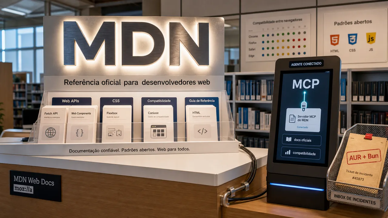 Balcão de referência da MDN conectado a um painel MCP, com um pequeno ticket AUR + Bun ao lado.
