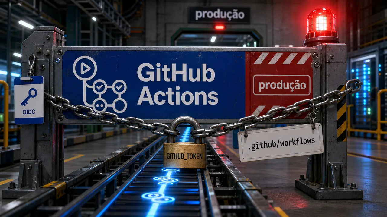 Portão industrial com placa GitHub Actions, corrente e cadeado GITHUB_TOKEN bloqueando um pipeline rumo à produção.