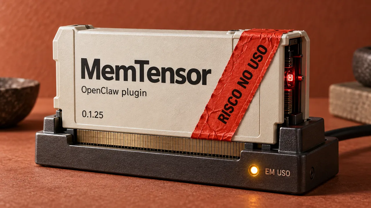 Cartucho ilustrativo do plugin MemTensor conectado, com aviso de risco durante o uso.
