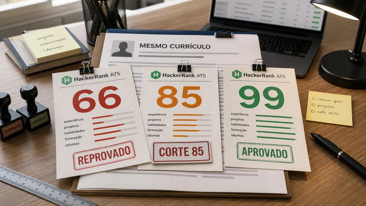 Currículo marcado como MESMO CURRÍCULO aparece sob três cartões do HackerRank ATS com notas 66, 85 e 99, mostrando a variação do avaliador.