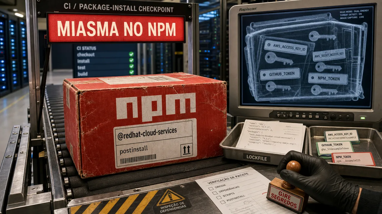 Caixa npm @redhat-cloud-services passando por um checkpoint de CI, com alerta Miasma no npm e tokens aparecendo no monitor de inspeção.
