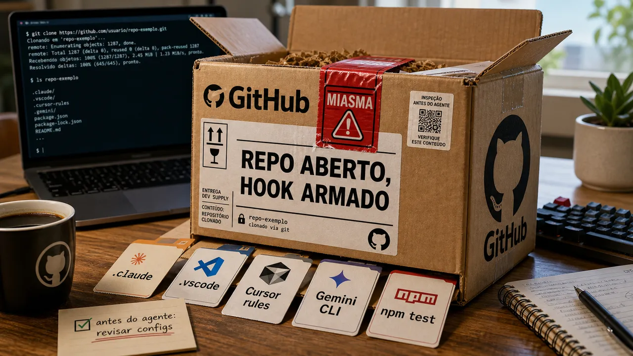Caixa de repositório GitHub aberta sobre uma mesa, com selo MIASMA e cartões de configuração .claude, .vscode, Cursor rules, Gemini CLI e npm test saindo da embalagem.