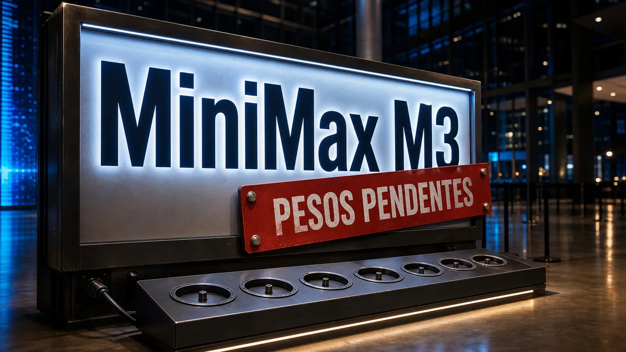 Placa iluminada com o texto MiniMax M3 e um aviso vermelho escrito PESOS PENDENTES, com encaixes vazios de pesos abaixo.