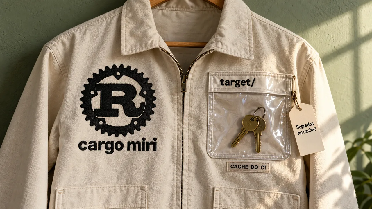 Jaqueta com símbolo do Rust e cargo miri, com chaves visíveis no bolso target/, ilustrando o risco de segredos no cache do CI.
