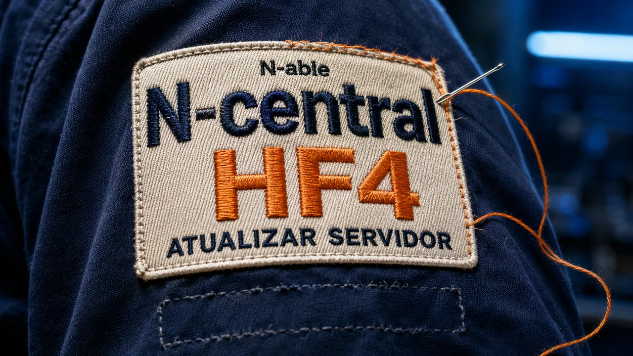 Patch bordado N-central HF4 em uma manga azul, com orientação para atualizar o servidor.