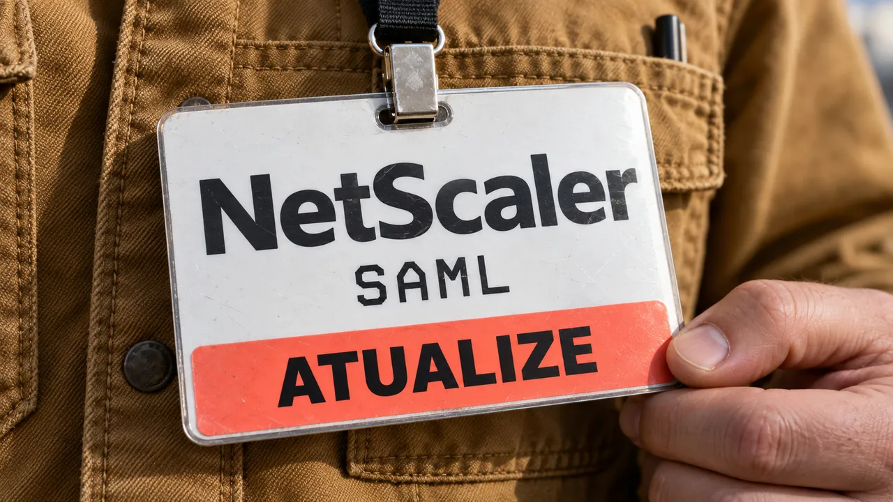 Crachá ilustrativo com NetScaler, SAML e aviso de atualização, segurado sobre uma jaqueta.