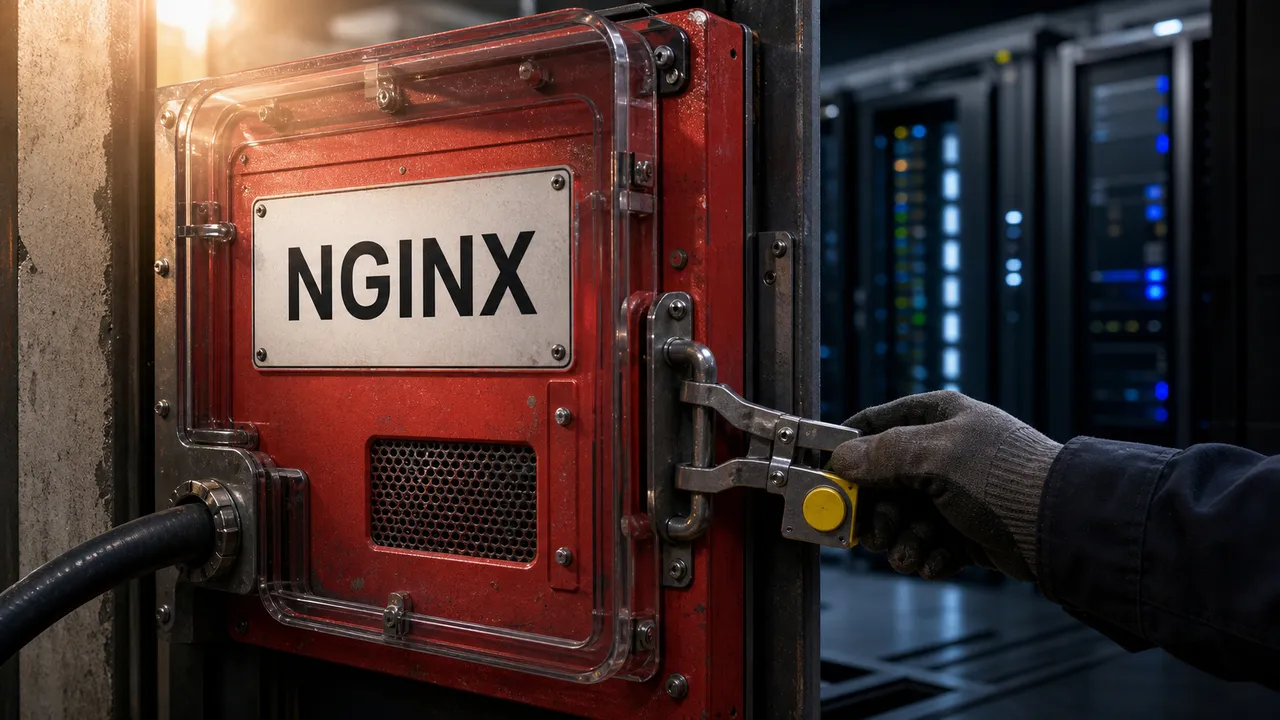Gateway vermelho com placa NGINX em uma entrada de sala de servidores, enquanto uma mão com luva prende uma trava de limite no equipamento.