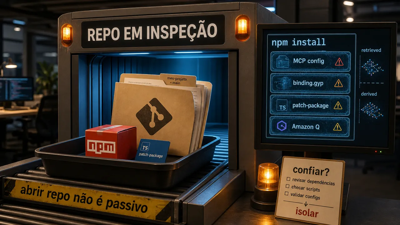 Pasta de repositório passando por um scanner de inspeção, com alertas para npm install, MCP config, binding.gyp, patch-package e Amazon Q.