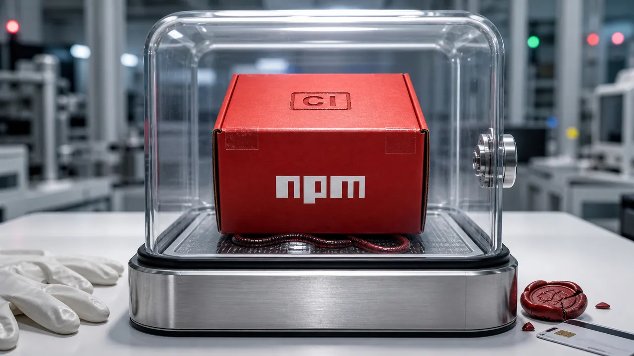 Pacote vermelho do npm isolado em uma câmara de vidro, com carimbo CI no topo, cabo em forma de verme saindo por baixo e selo quebrado ao lado.